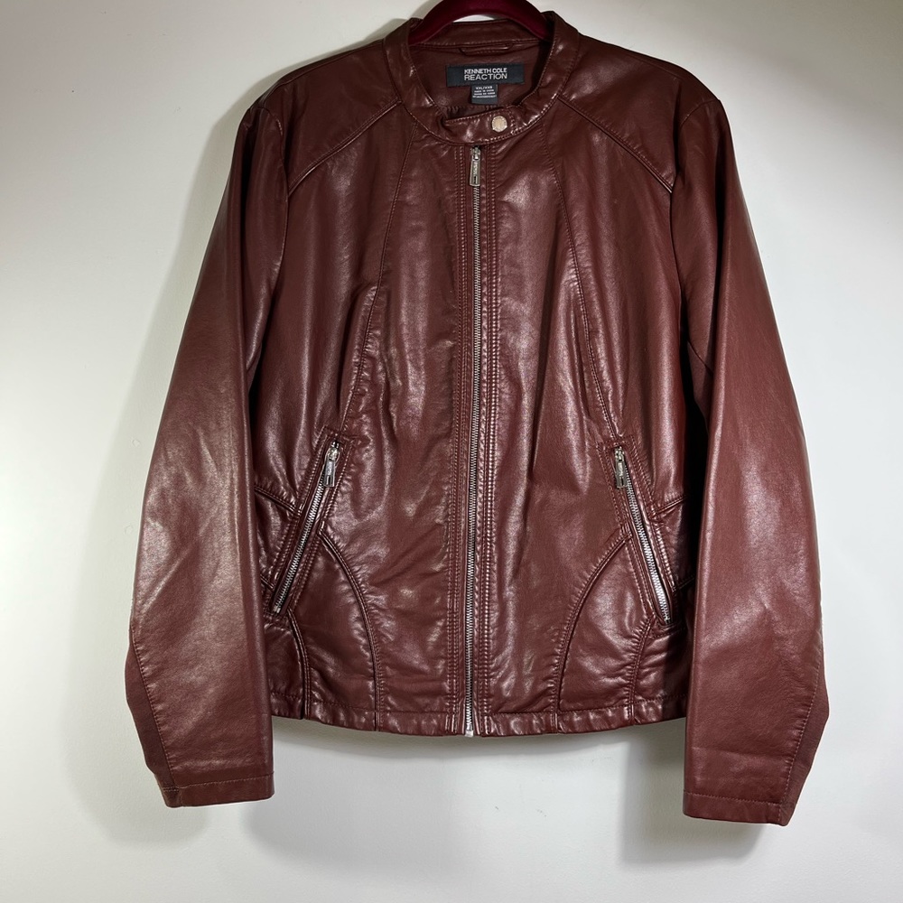 Kenneth Cole Reaction W Bomber Jacket Cognac Brown Like New Faux Leather